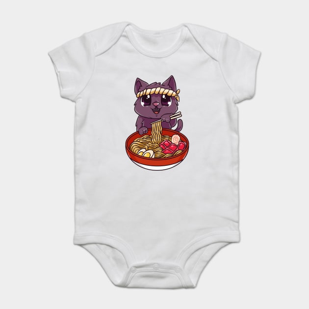 Cat eating Ramen Cute Kawaii Kitten Eating Noodles Baby Bodysuit by creative